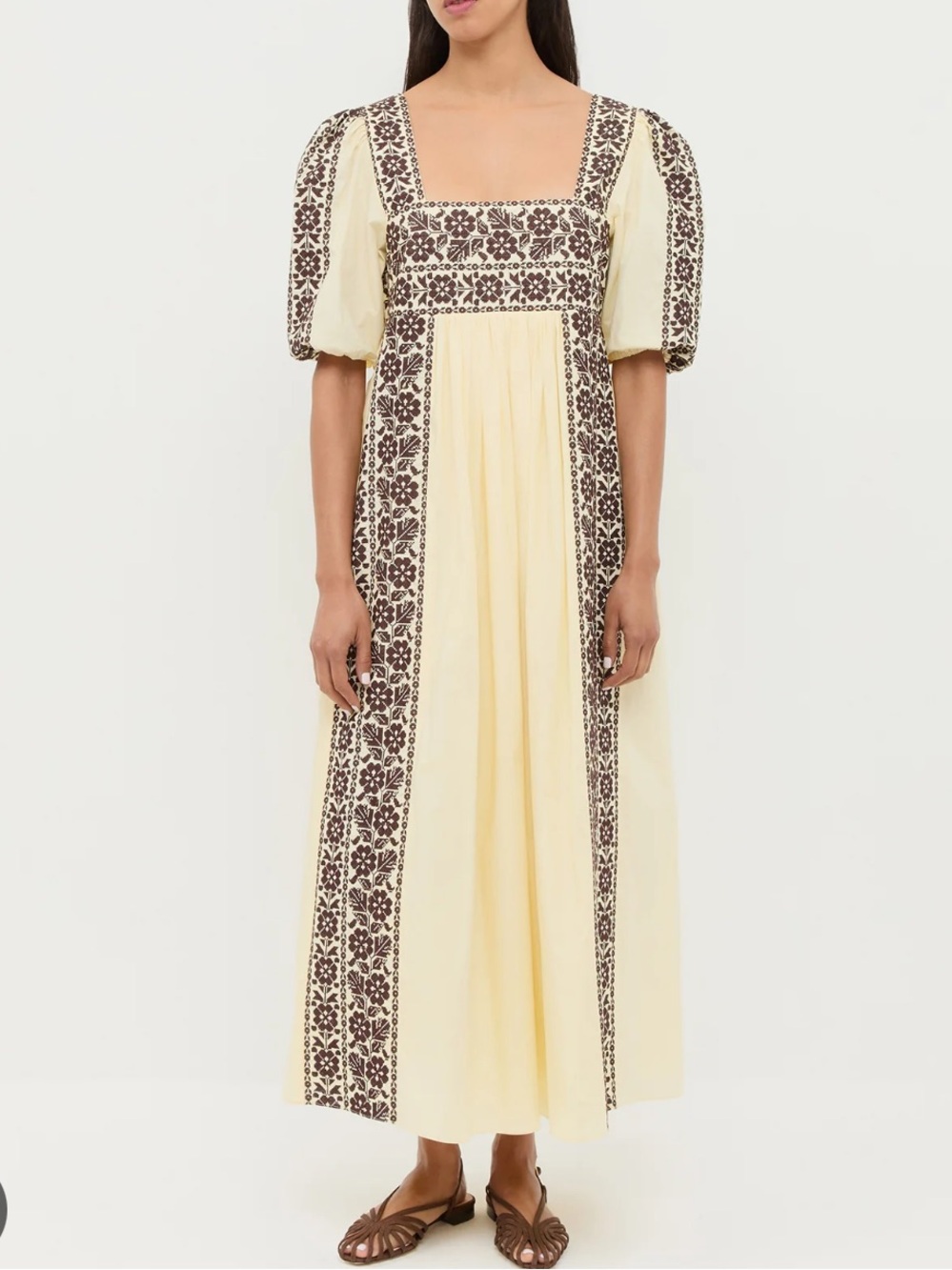 Loeffler Randall Butter Midi Dress with Brown Embroidered Panels